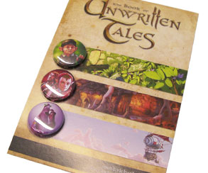 Postcard with 3 button badges 25mm, Unwritten Tales