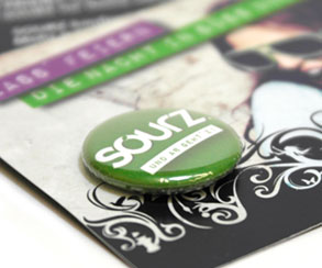 business card with button badge 25mm, Sourz