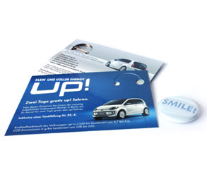 business card with button badge 25mm, VW Up!